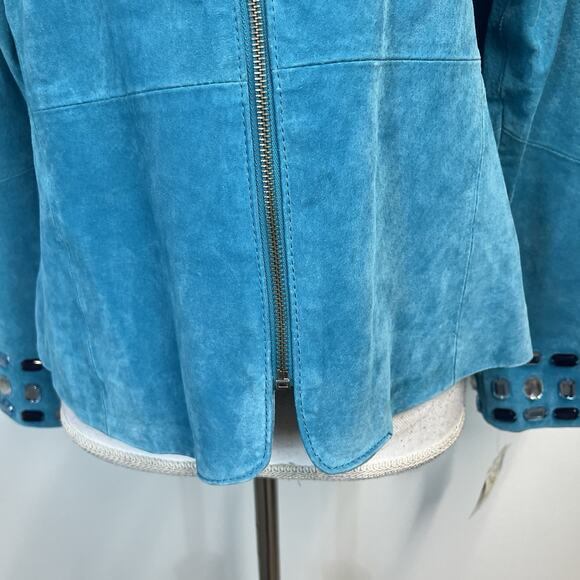 Karen Arnold Jacket Blazer size Large Aqua Agean Green Suede Leather Blue Jewels - Picture 4 of 8